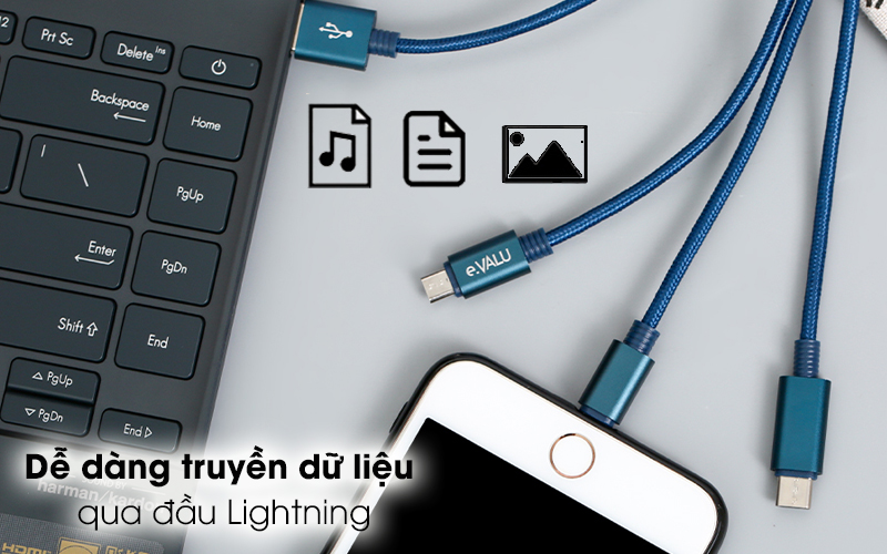 Cáp 3 đầu Lightning Type C Micro 1m eValu Spanker B 2 ( Like New )