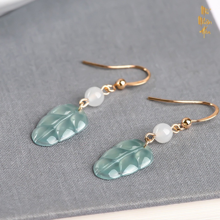 BT251 Bông Tai Ngọc Phỉ Thuý Hình Chiếc Lá