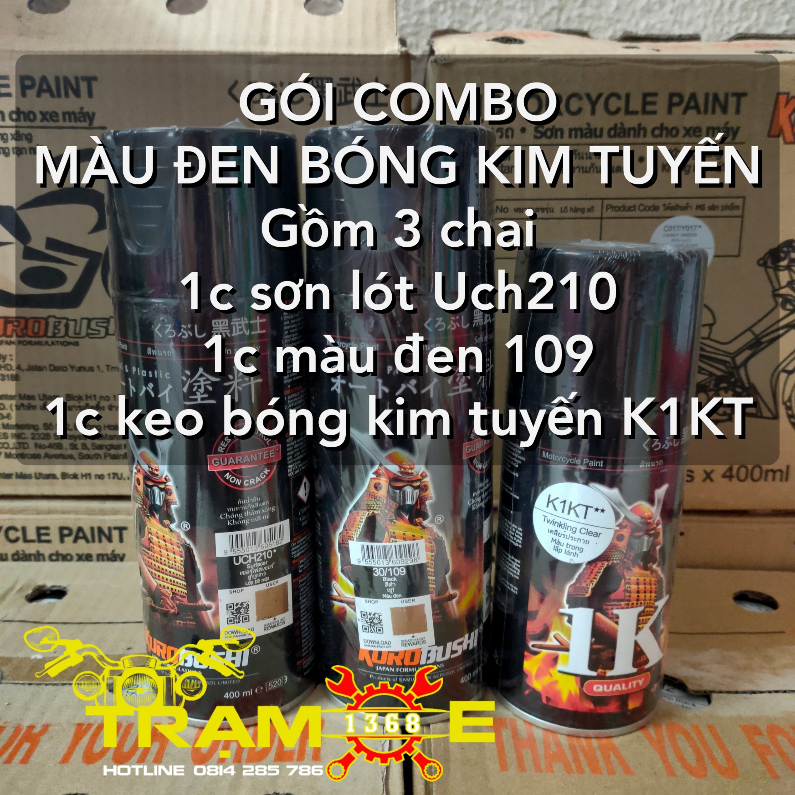 Combo Sơn xịt Samurai màu đen bóng 109 tùy chọn đen bóng trong suốt hoặc có kim tuyến (Uch210 - 109 - K1k hoặc K1kt) chuyên sơn xe máy ô tô