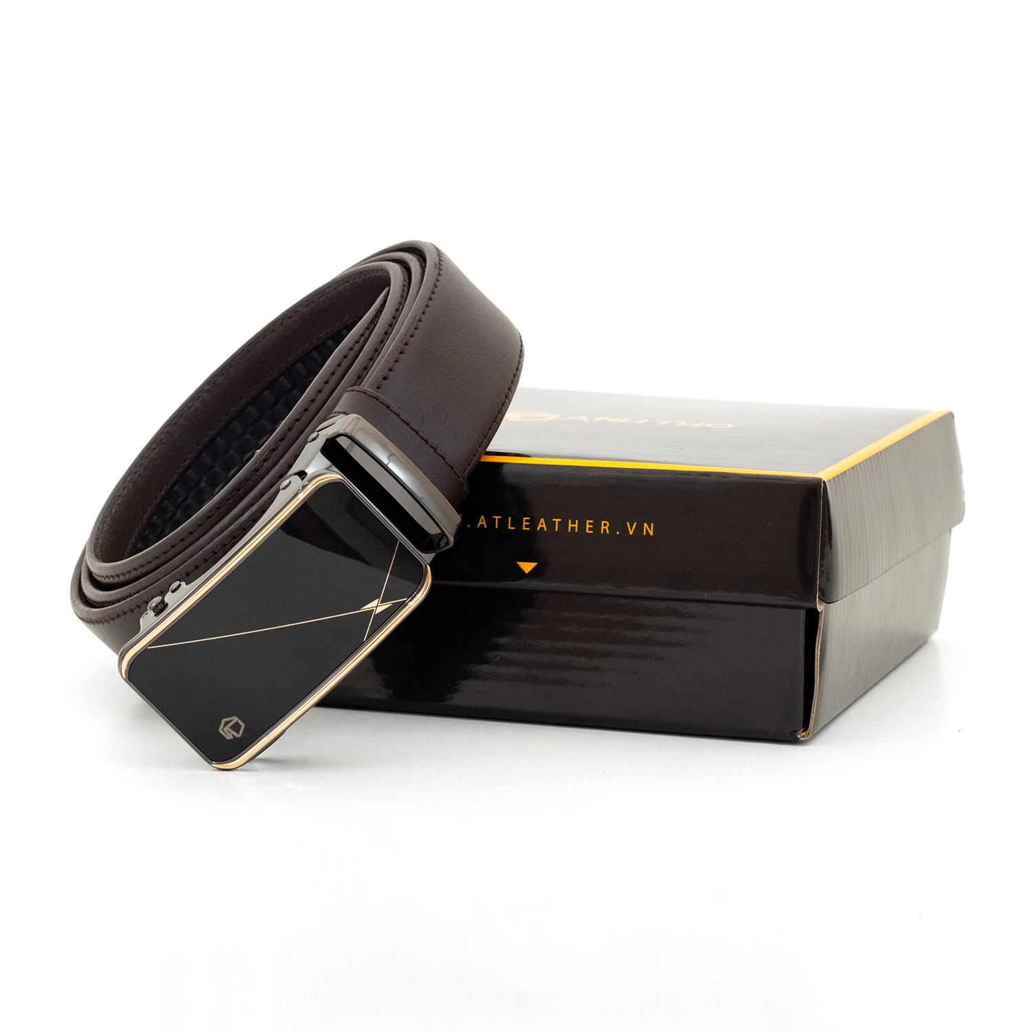 Thắt lưng khoá tự động da bò Nappa MNT4-17 khoá mặt kiếng vàng đen sang trọng, hai màu da đen nâu, Anh Tho Leather