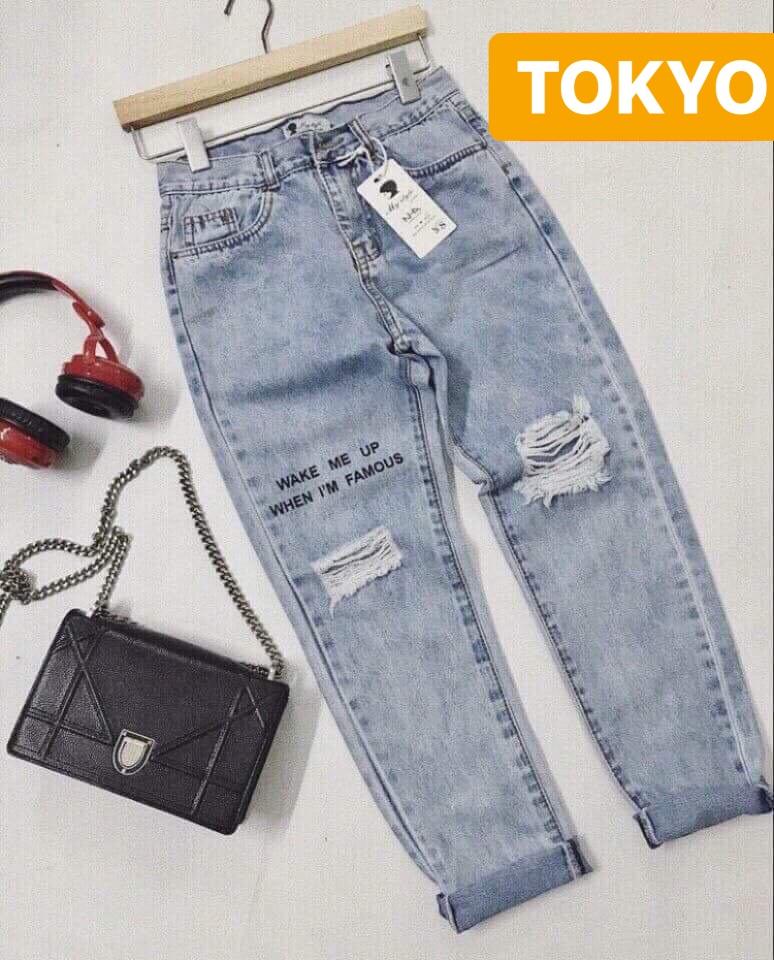 QUẦN JEAN BAGGY NỮ CHẤT BÒ XANH RÁCH IN CHỮ LƯNG CAO NÂNG MÔNG TAMAKO CAO CẤP TOKY-3051 - TOKYO FASHION