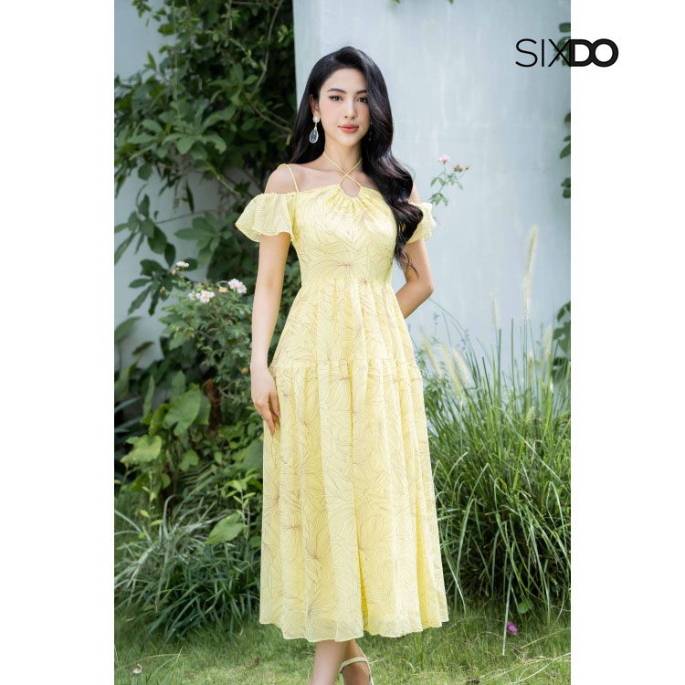 Đầm voan hoa trễ vai dây cổ SIXDO (Floral Midi Voile Dress)