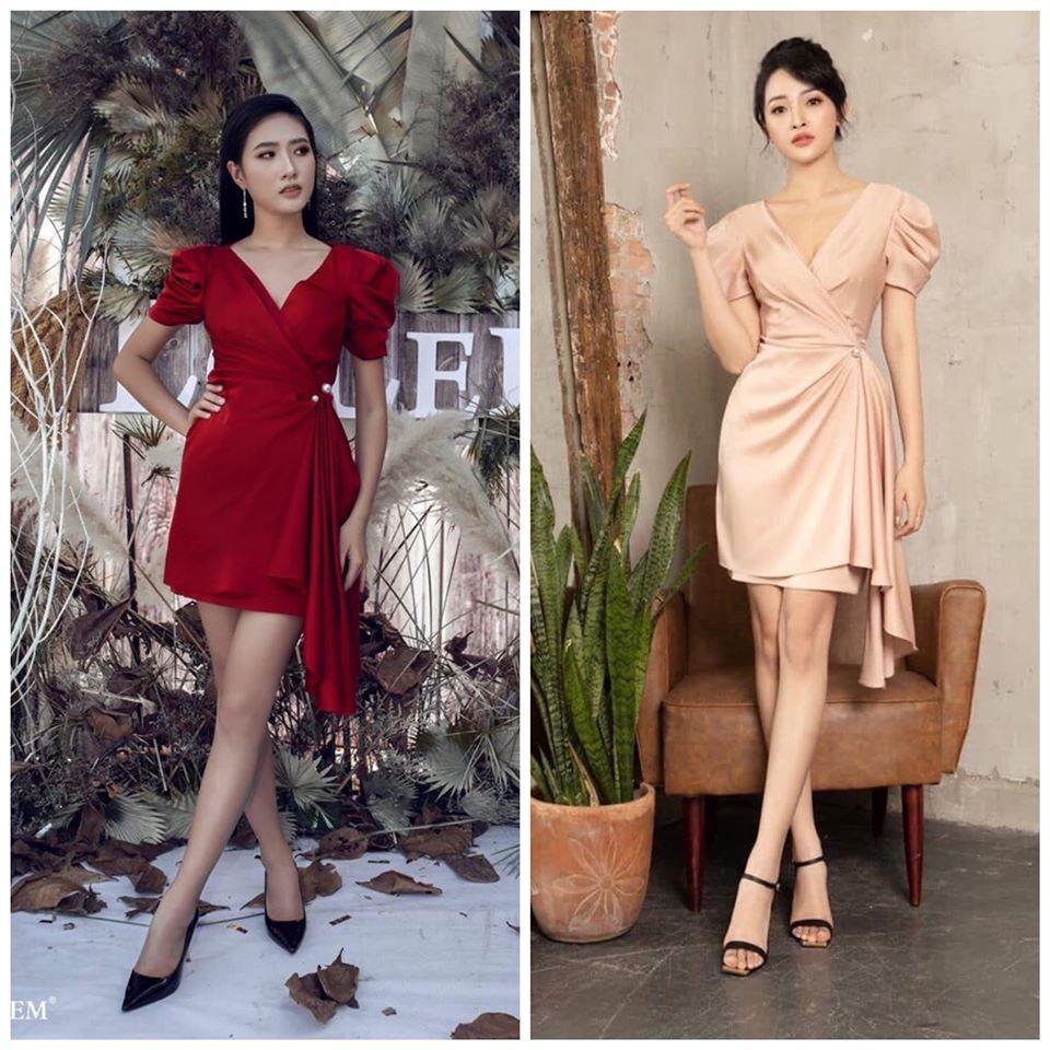 Đầm dự tiệc phi lụa cổ V lệch tà cài trâm ( kèm hình thật)