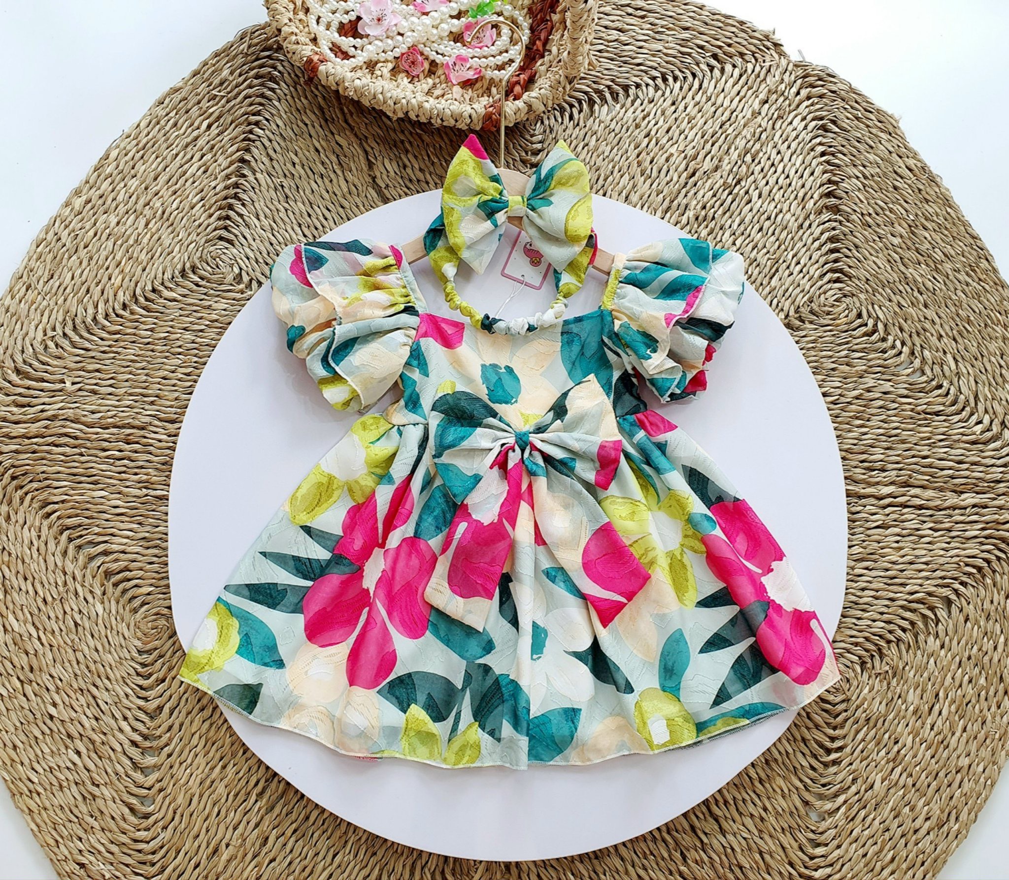 Váy sọc màu xanh nhím xù kids cho bé gái 6 tháng - 8 tuổi chất đũi xốp mềm mướt v078