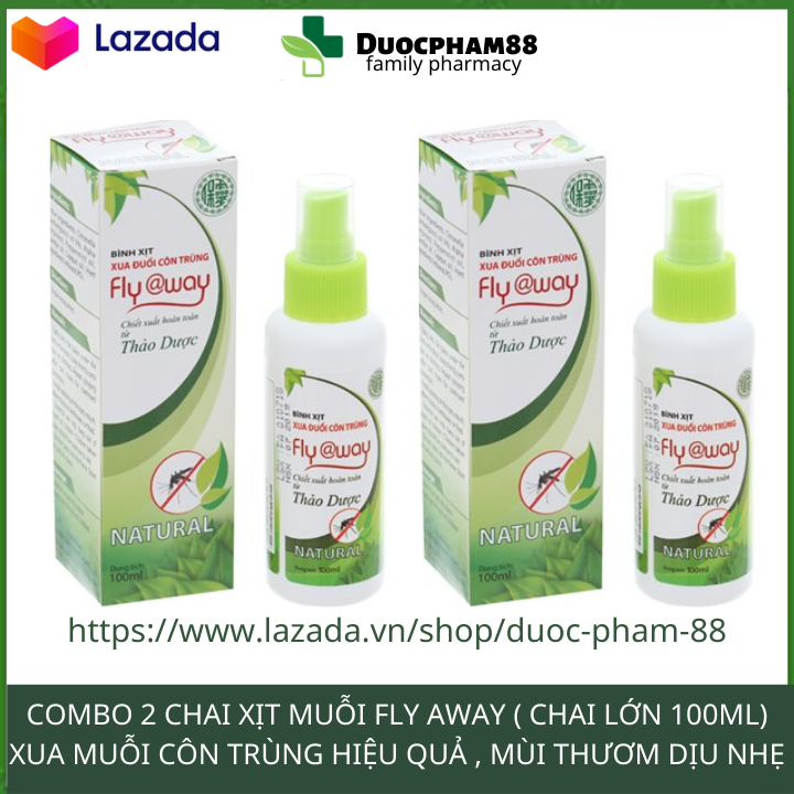 Bộ 2 Chai Xịt Phòng Đuổi muỗi và Côn trùng Fly AWay - Tinh dầu Sả Chanh 100ml - Tinh dầu đuổi muỗi và Côn trùng chiết xuất 100% từ Xả Chanh - Việt Nam Bình xịt đuổi muỗi và Côn trùng Sả Chanh