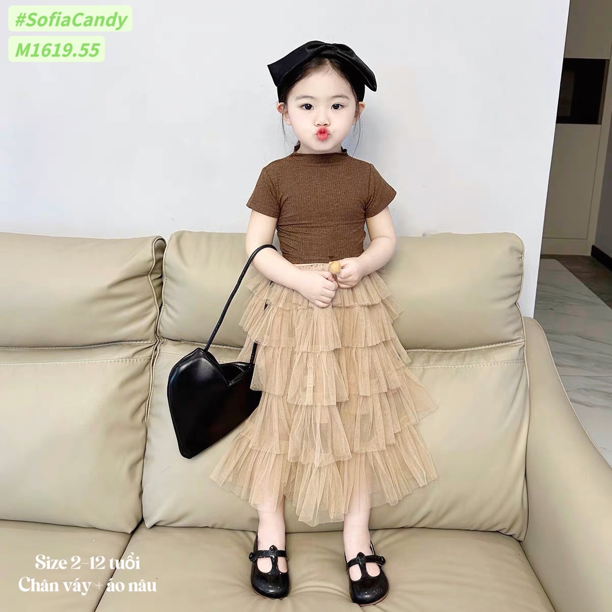 Sét áo bé gái nâu tây phối chân váy siêu xinh