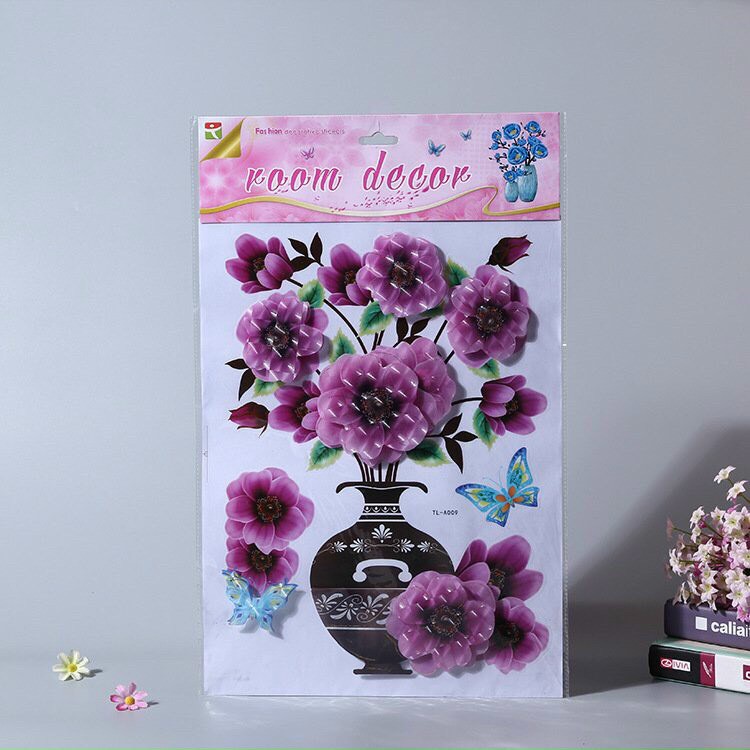 Tranh Decal Dán Bình Hoa 3D Hoa Nổi Trang Trí