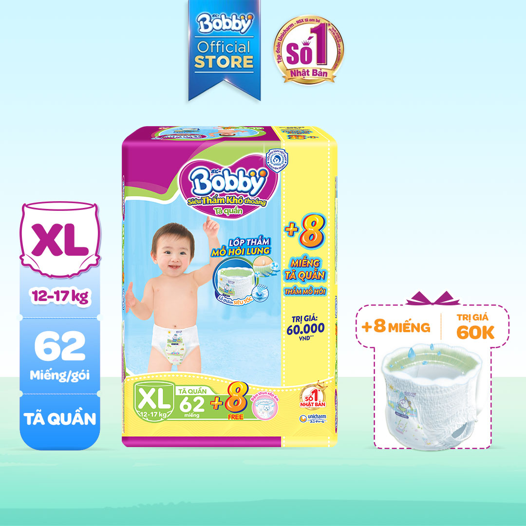 Tã quần Bobby mới đệm lưng thấm mồ hôi XL62 - Siêu mỏng khô thoáng