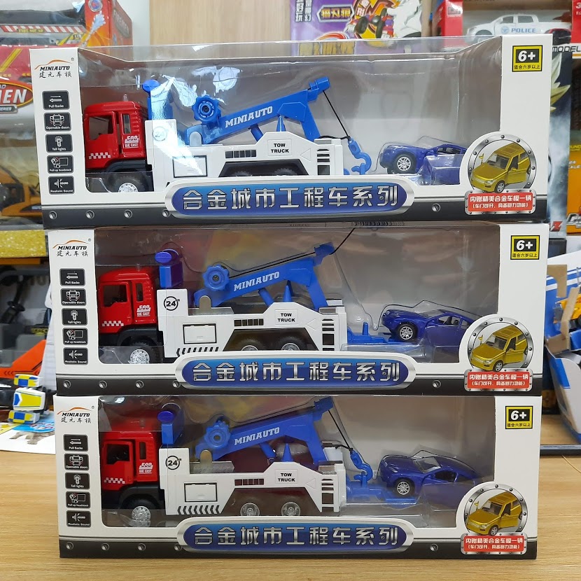 Xe ô tô cứu hộ đồ chơi trẻ em bằng hợp kim và nhựa có âm thanh và đèn - Xe chạy bằng cót bộ sản phẩm gồm xe to và 1 xe nhỏ