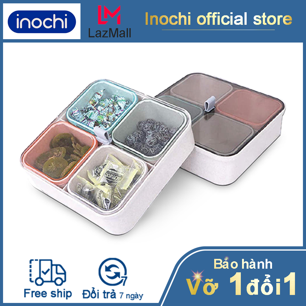  Hộp mứt tết inochi vuông sản phẩm gồm 1 khay mứt nhựa cao cấp và 4 hữ đựng mứt nhựa nguyên sinh phủ Ag+ kháng khuẩn 