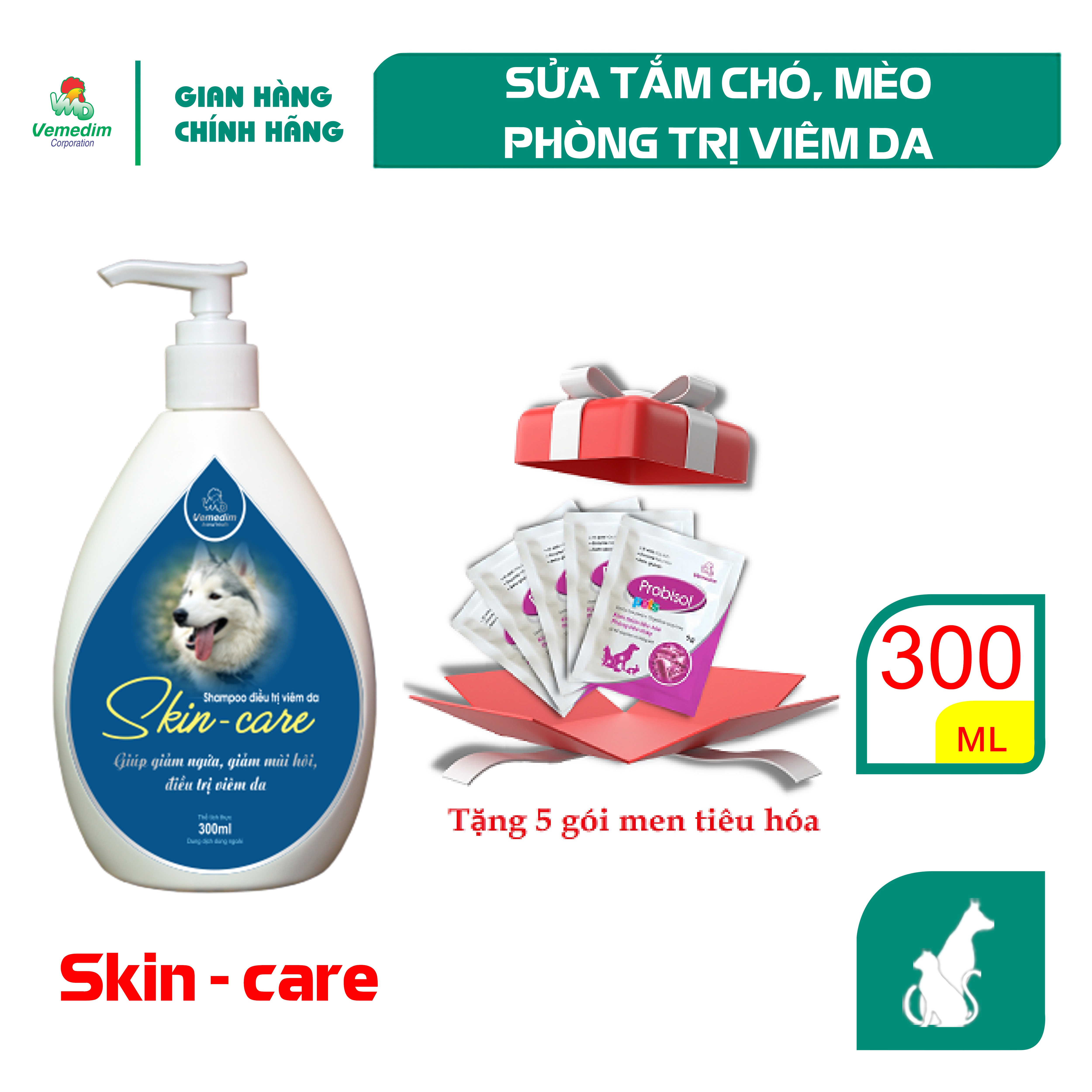 "Hoàn tiền đến 10%" Vemedim Skin care shampo sữa tắm cho chó, mèo phòng viêm da, ngứa da, rụng lông, chai 120ml/chai 300ml