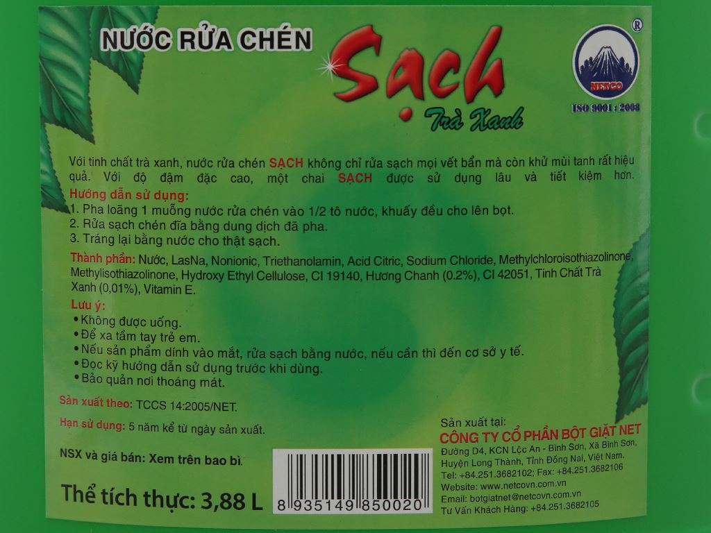 [Freeship] Nước Rửa Chén SẠCH Vitamin E Hương Chanh Can 3,8kg