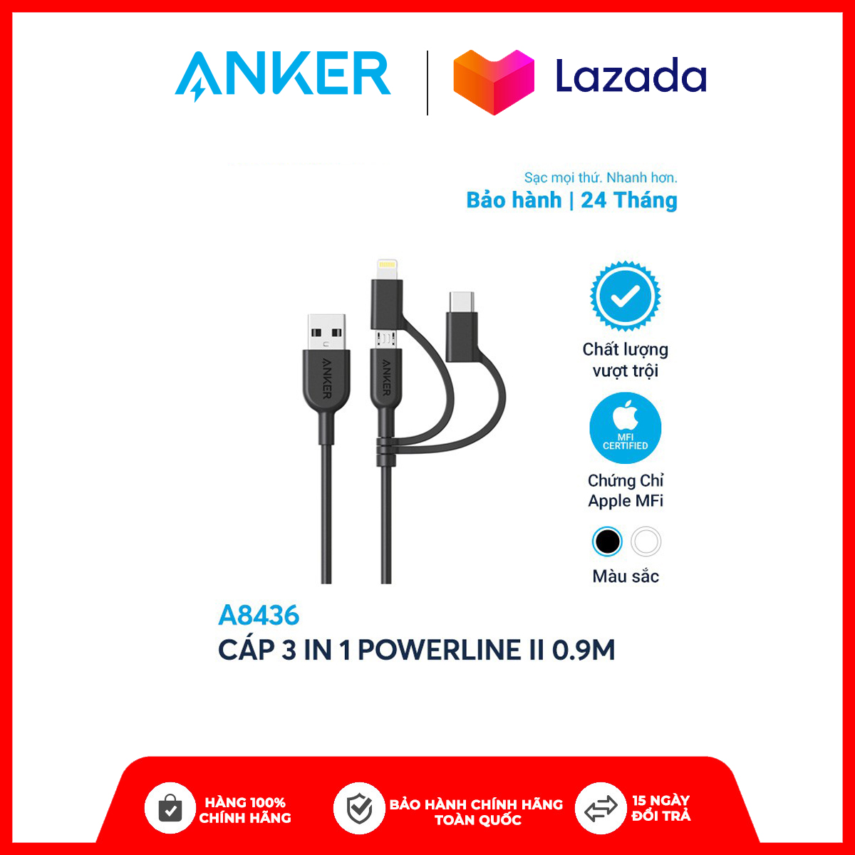 Cáp 3 In 1 Anker Powerline Ii 0.9M - A8436 (Lightning - Type C - Micro Usb)