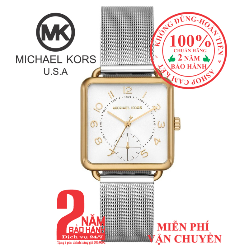 Đồng hồ nữ MK MK3846, vỏ màu Vàng (Gold), mặt màu Bạc (Silver), dây kim loại màu bạc, mặt vuông, size 31mm- MK3846