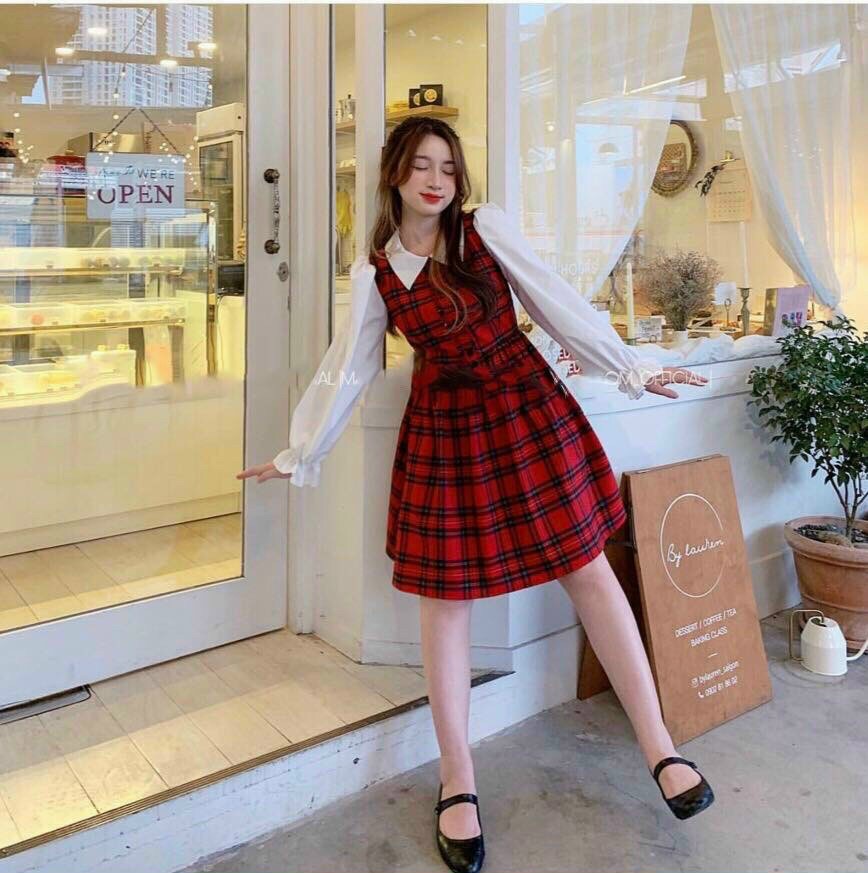 [HCM]Đầm caro cổ bẻ phối tay voan #damtayvoancaro