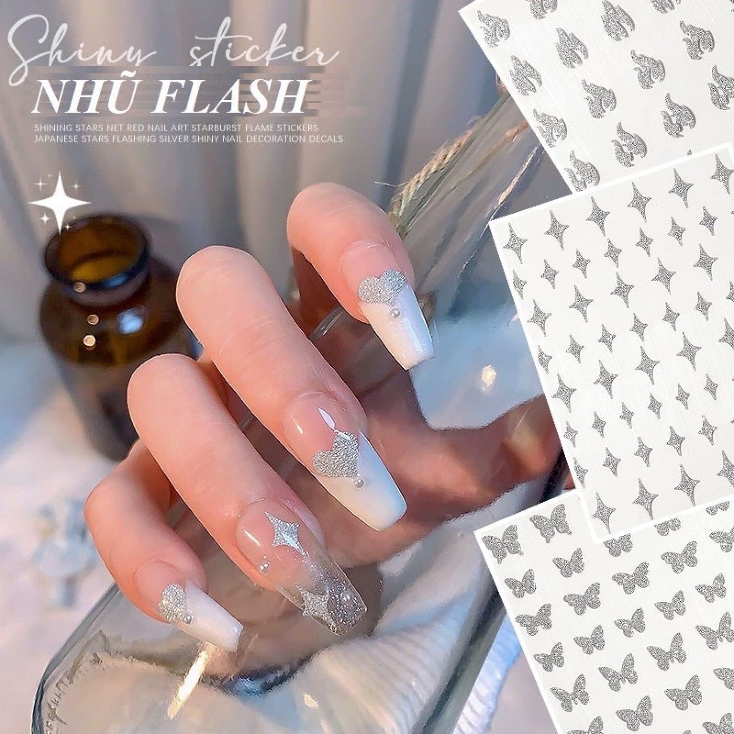 Sticker Dán Móng Kim Tuyến Flash Bạc Nhiều Hình