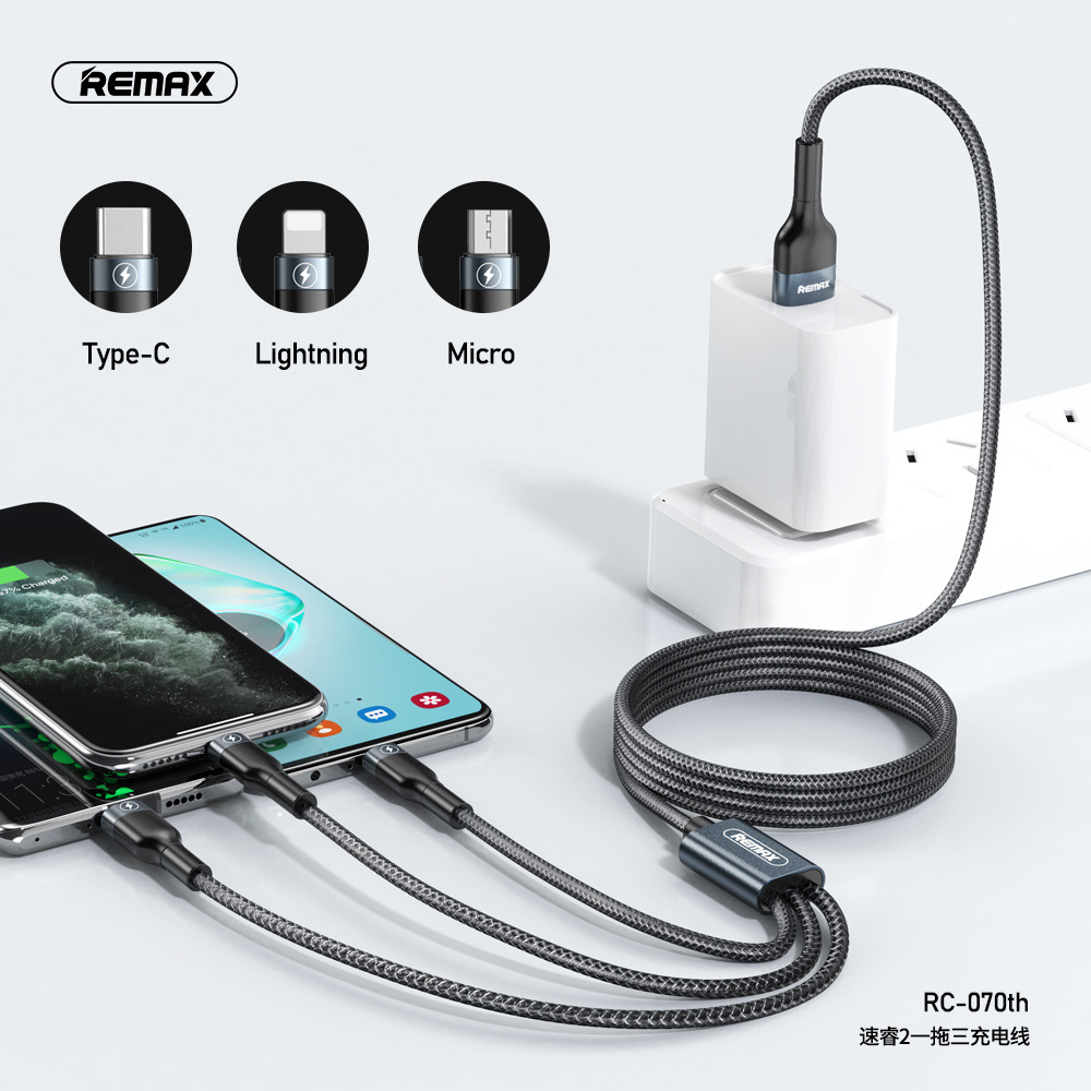 Cáp sạc đa năng 3in1 Remax RC-070th max 2A, dài 1M, bọc dù (Màu Random) - Nhất Tín Computer