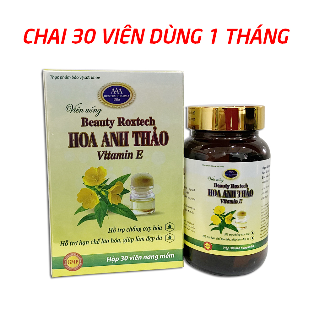 Viên uống dầu hoa anh thảo 1000mg, dầu hoa hồng, vitamin E giúp đẹp da, chống lão hóa da - Chai 30 viên