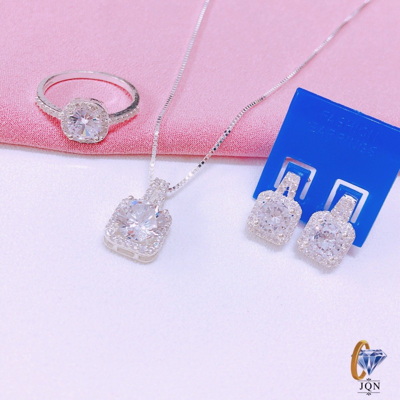 Bộ trang sức bạc thật nữ đính đá vuông nhỏ gồm 3 món dây chuyền, nhẫn, bông tai, mẫu mã đẹp-JQN gian hàng chính hãng cam kết Bạc chuẩn, Chất lượng không lo đen xỉn