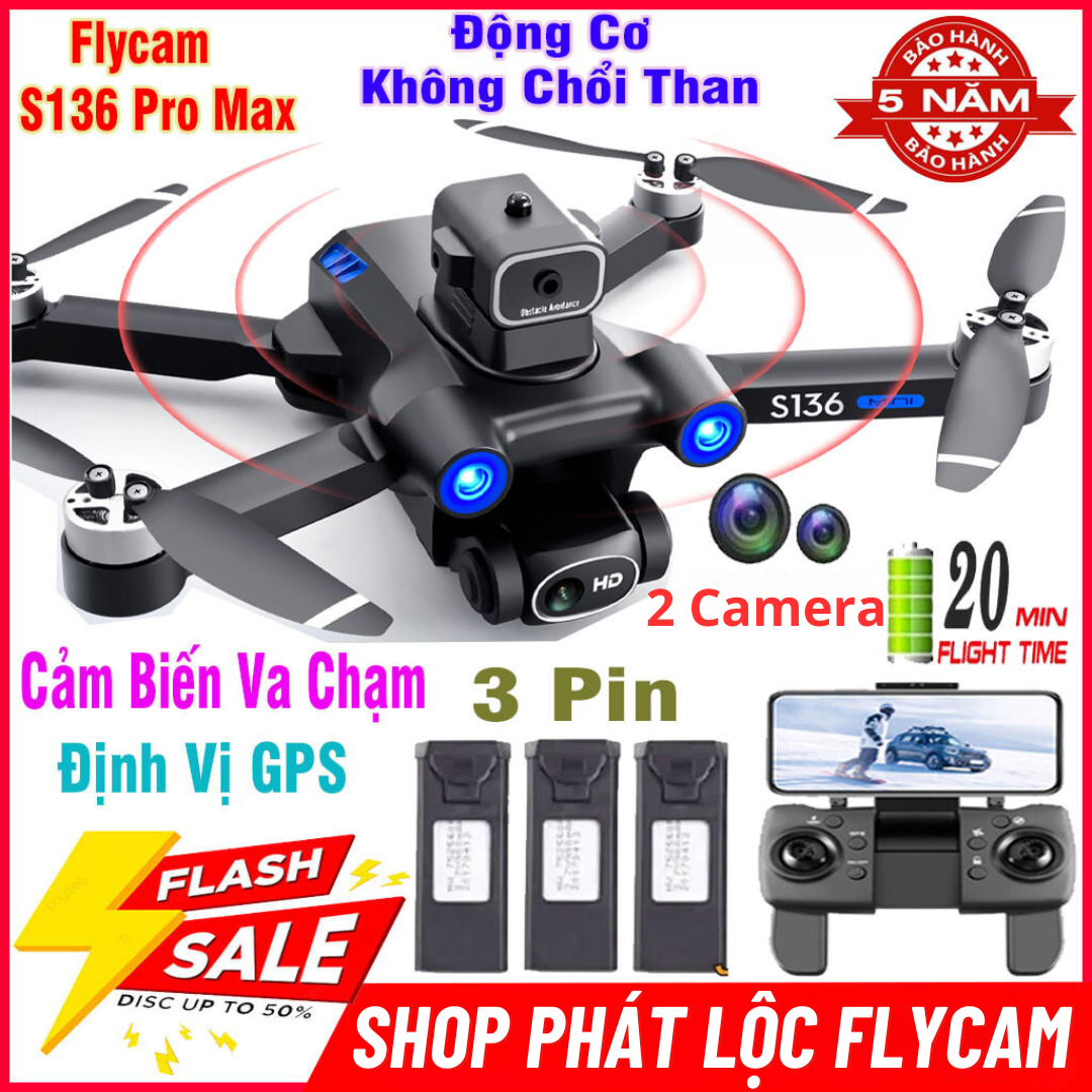 Máy Bay Flycam Mini Drone Camera S136 Pro Max Cảm Biến Chống Va Chạm, Máy Bay Điều Khiển Từ Xa 4 Cánh Định vị G.P.S tự quay về, không chổi than bay 25 phút, tầm xa 3000m