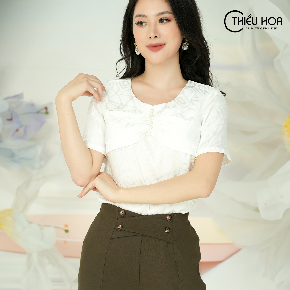 Áo lụa kiểu nữ thanh lịch, sang trọng thương hiệu Thiều Hoa L0910