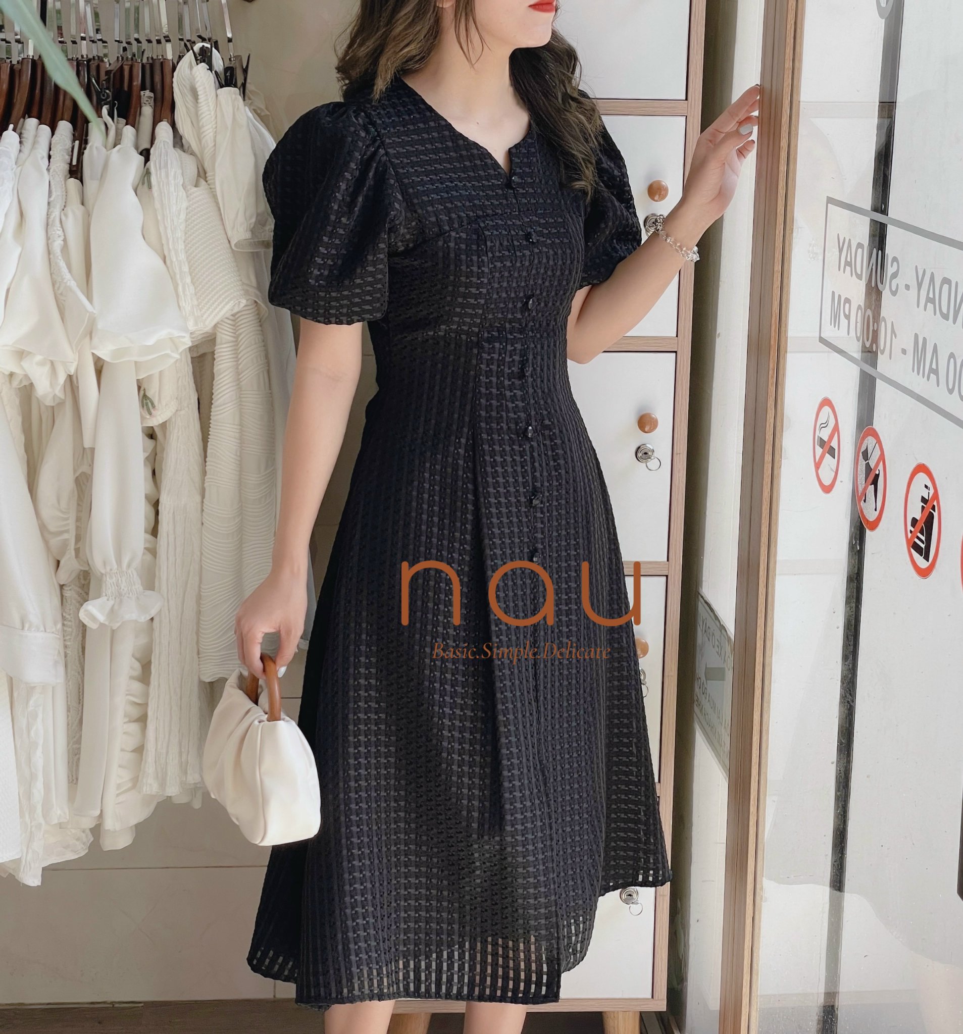 Đầm tay phồng phối nút bọc xẻ tà 5 màu