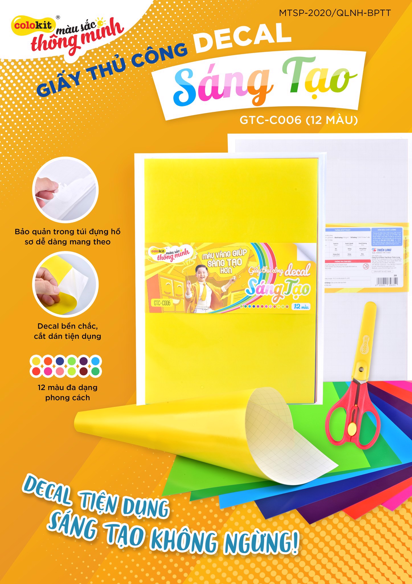 [HCM]Giấy thủ công Colokit GTC-C006 12 màu tươi sáng khổ lớn có ô ly (loại có keo dán cao cấp kèm túi đựng tiện dụng)