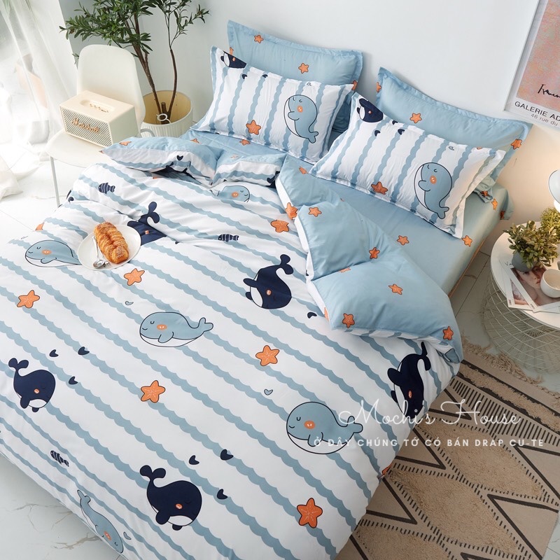 [VẢI SIÊU ĐẸP] BỘ CHĂN GA GỐI COTON POLY MẪU CÁ VOI SIÊU XINH