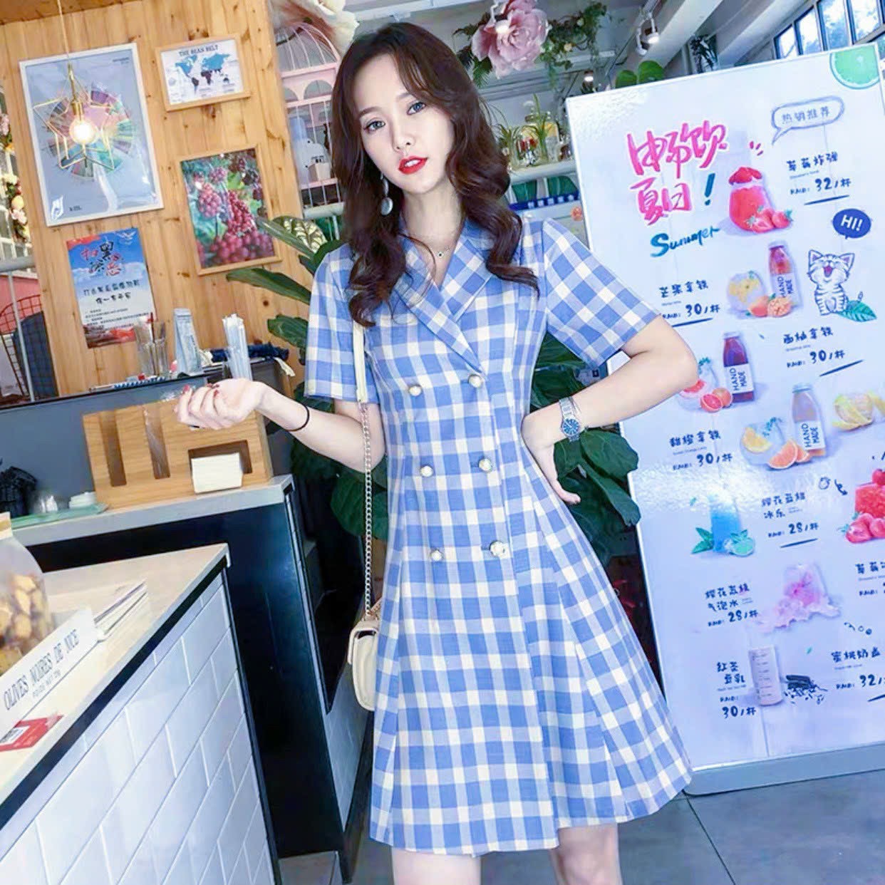 Đầm vest caro xanh