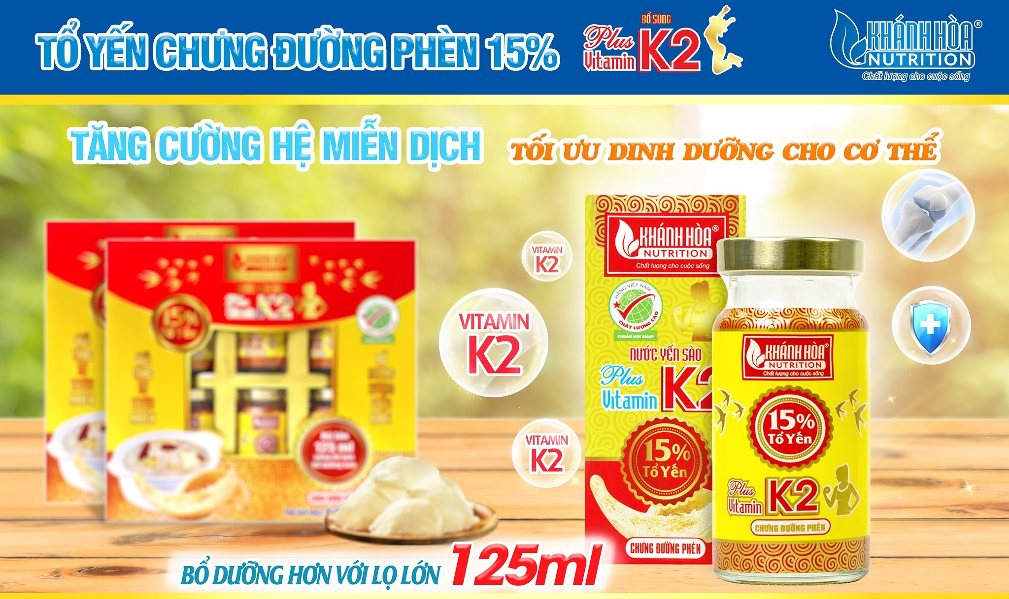 Nước Yến Sào 15% Tổ Yến Chưng Đường Phèn Bổ Sung Vitamin K2 - Khánh Hòa Nutrition - (Hộp 6 lọ x 125ml )