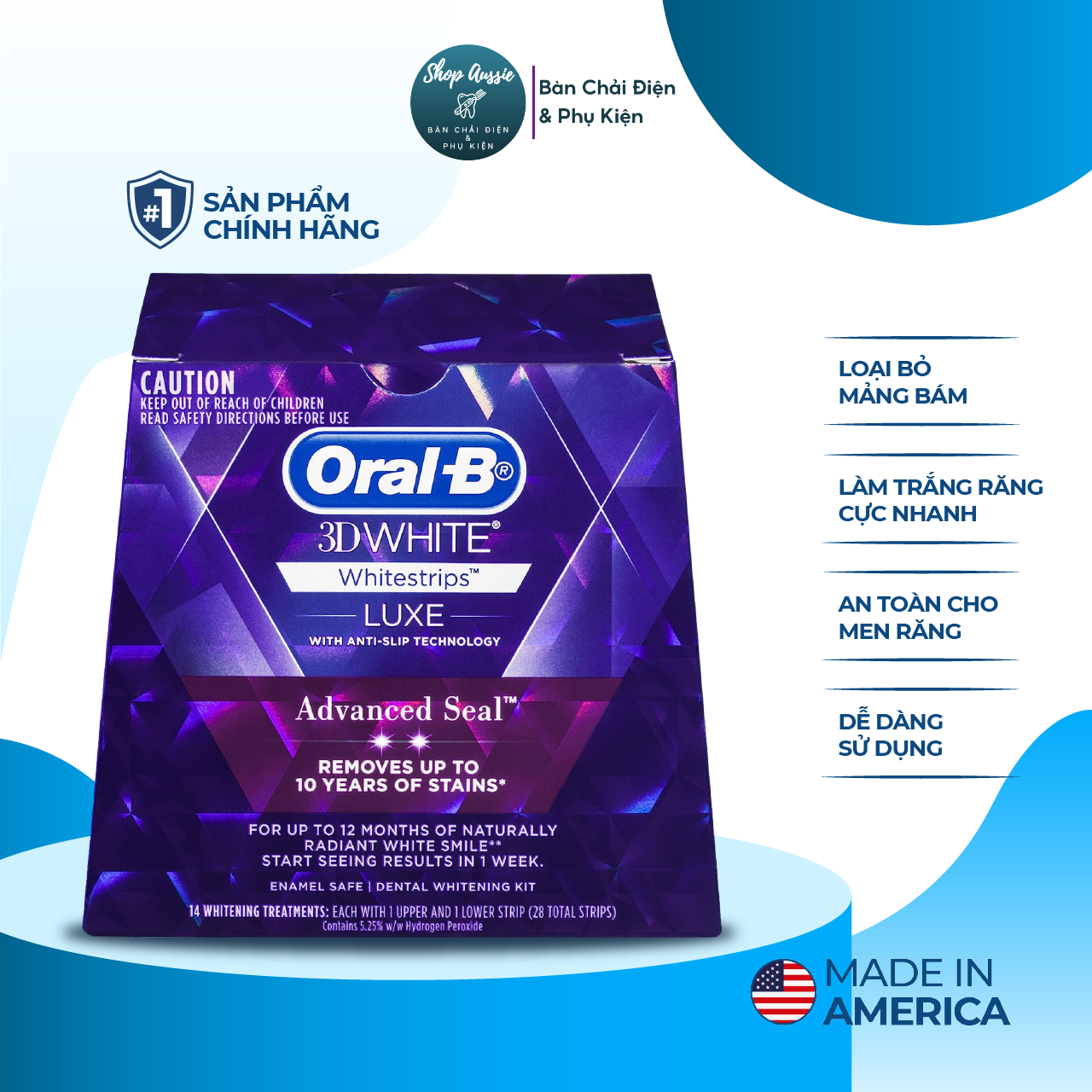 Miếng dán răng oral-b 3d white luxe advance seal whitestrips - loại bỏ mảng bám, làm trắng răng, an toàn cho men răng