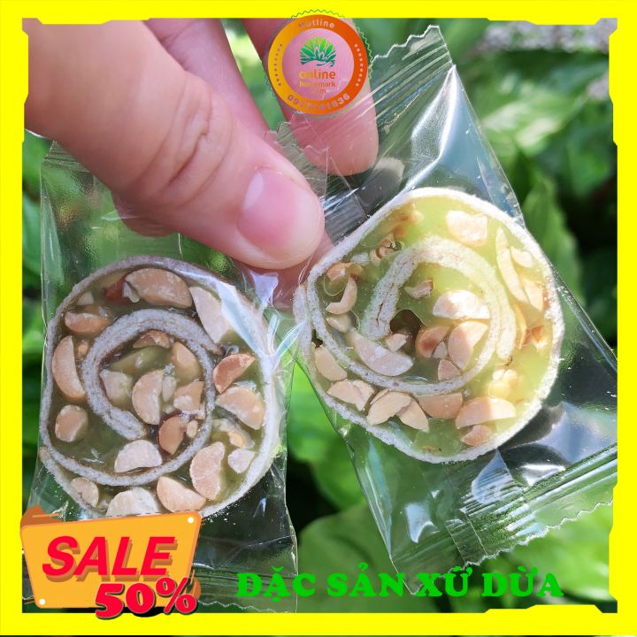 100G Kẹo dừa lá dứa cuộn đậu phộng bánh tráng Kiên Long - đồ ăn vặt