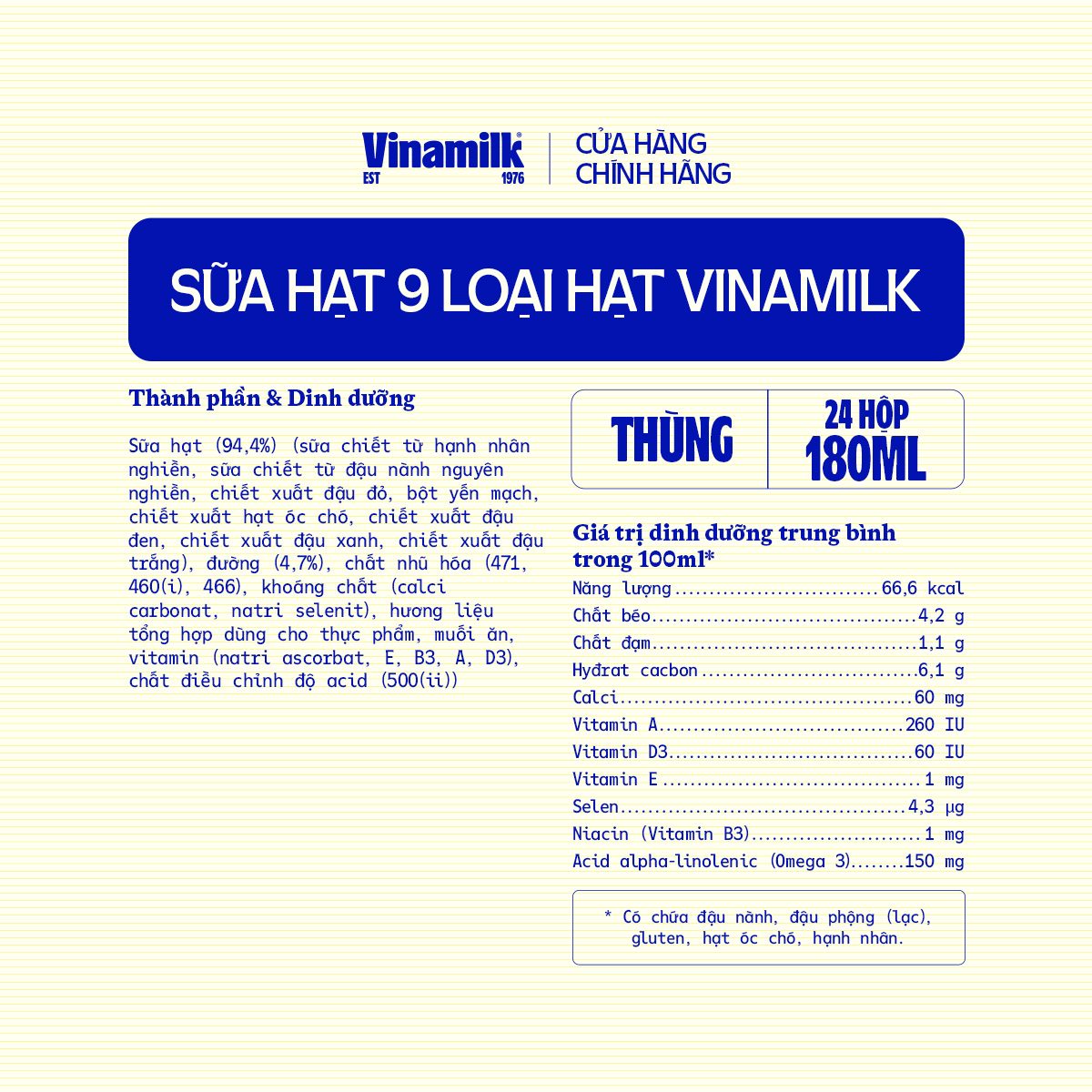 Thùng 24 hộp Sữa hạt 9 loại hạt Vinamilk ít đường - hộp 180ml