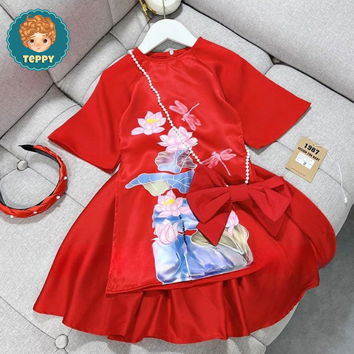 Set áo dài hoa sen cho bé gái (4 món áo dài, váy,kèm cài, túi)