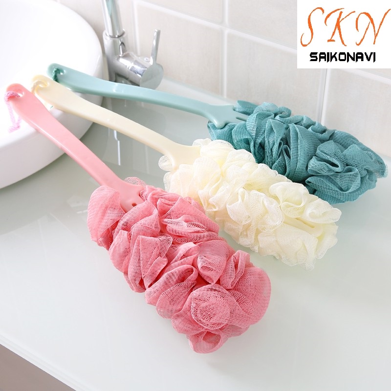 Cây cọ lưng bông tắm cán dài tiện dụng, bông tắm tạo bọt cán nhựa dài chà lưng tẩy da chết siêu sạch
