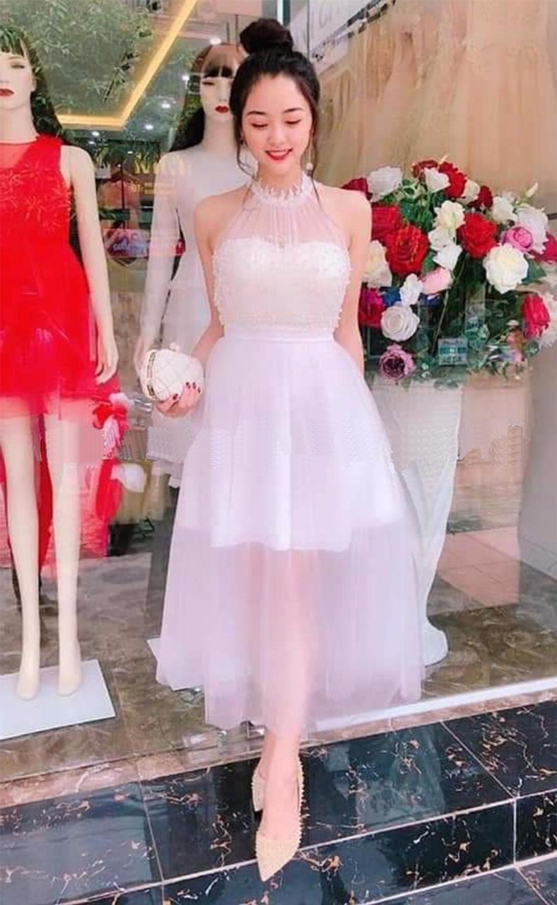 Đầm Xòe Ren Ngọc Trai Phối Lưới