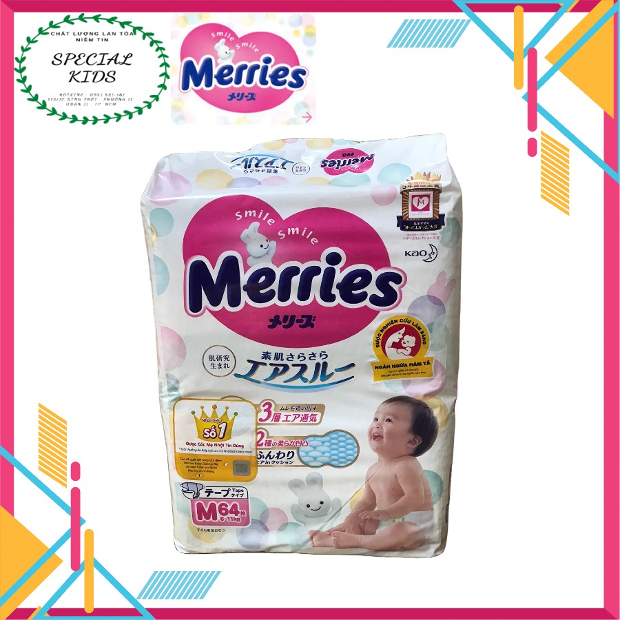[Freeship 50K] [TEM PHỤ CHÍNH HÃNG KAO]Tã/Bỉm DÁN Merries nội địa Nhật Size M64 (6-11kg)