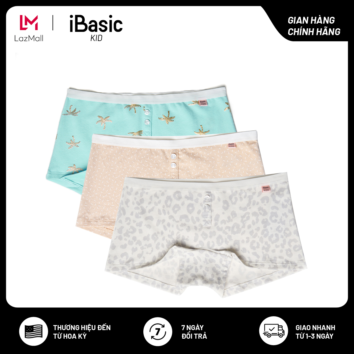 Combo 3 quần lót bé gái cotton boyshort hoạ tiết iBasic PANG014