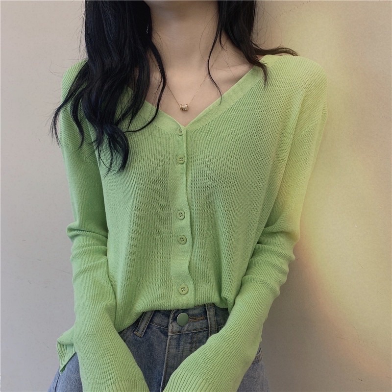 Áo Khoác Cardigan Thun Len Dệt Kim Tay Dài Dáng Rộng Cổ Chữ V Thời Trang Mùa Thu