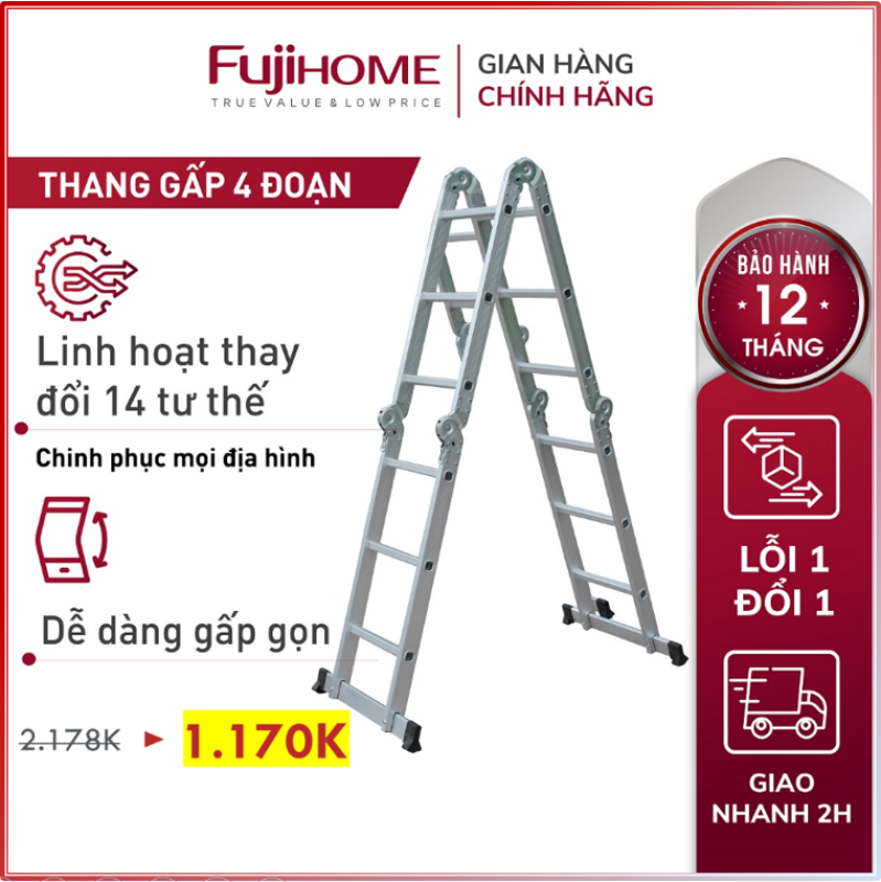 Thang nhôm gấp 4 đoạn Nhập Khẩu 4,7 mét siêu đa năng FUJIHOME, thang chữ M xếp gọn 4 khúc gia đình aluminum ladder