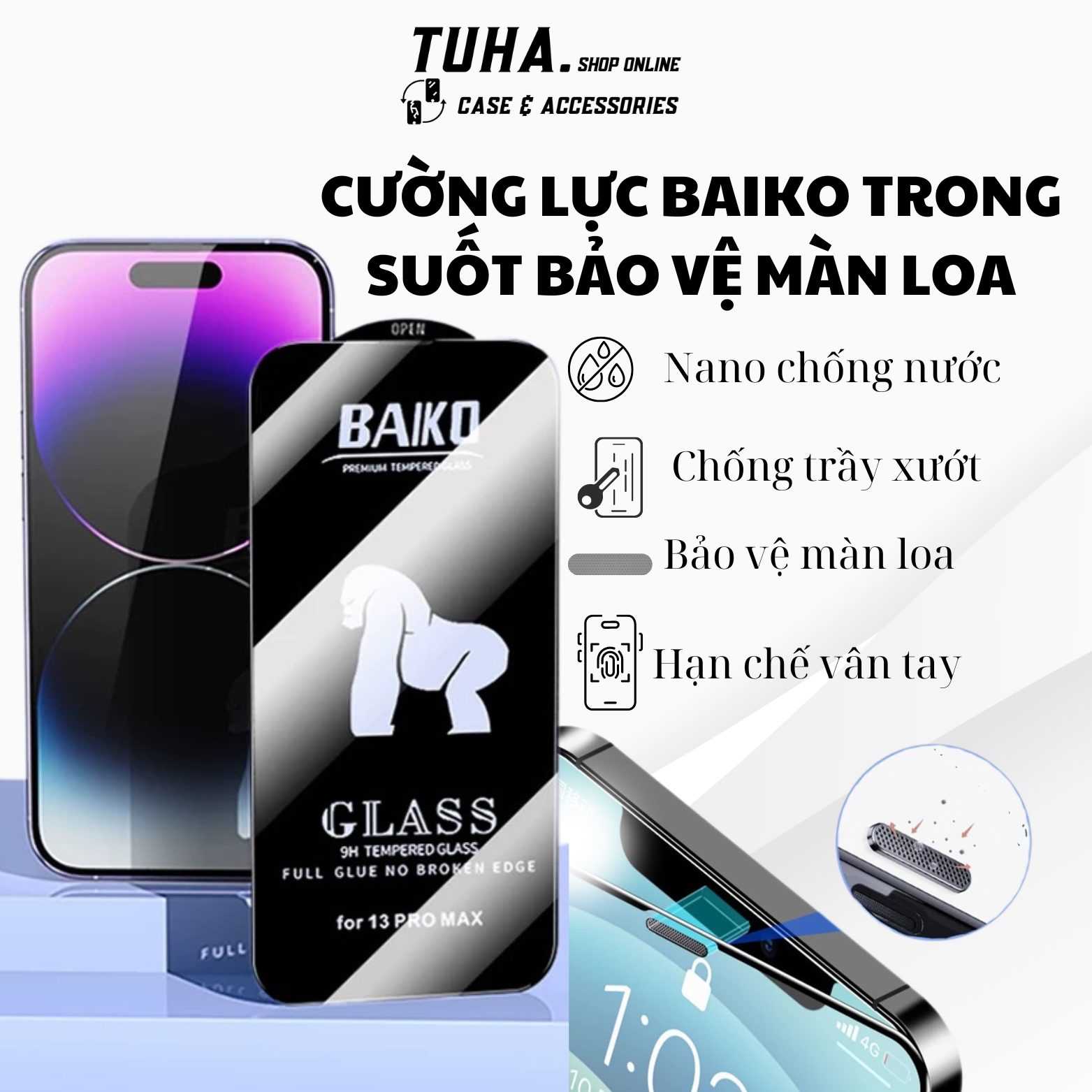 Cường Lực IPHONE Full Màn - Chống Bụi Màn Loa - BAIKO KINGKONG