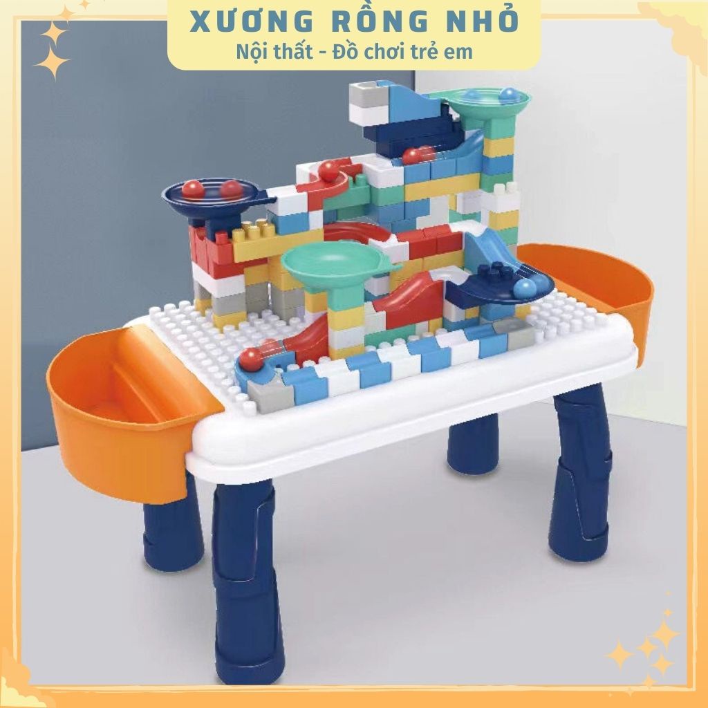 Bàn Lego cho bé, bộ đồ chơi lắp ghép lego đa năng cầu trượt thả bi 142 chi