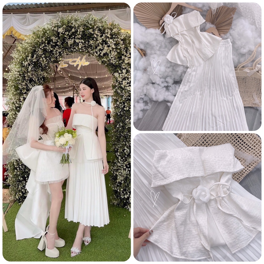 Set áo cúp ngực trắng + chân váy midi xếp li trắng + choker hoa