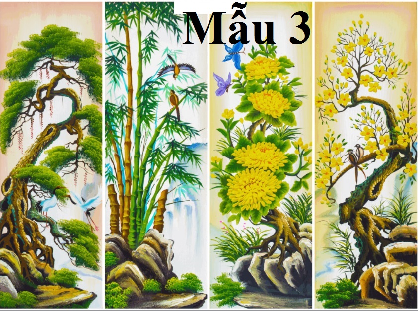 [Freeship] [Mẫu 3] Tranh dán tường 3D Tứ Quý Tùng Cúc Trúc Mai với 3 kích thước lựa chọn