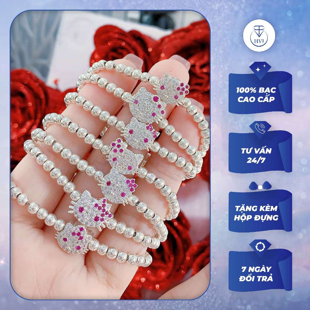 Vòng tay bạc 925 cho bé gái hello kitty, lắc tay bạc trẻ em hình mèo kèm hộp đựng cao cấp - trang sức cao cấp hvj