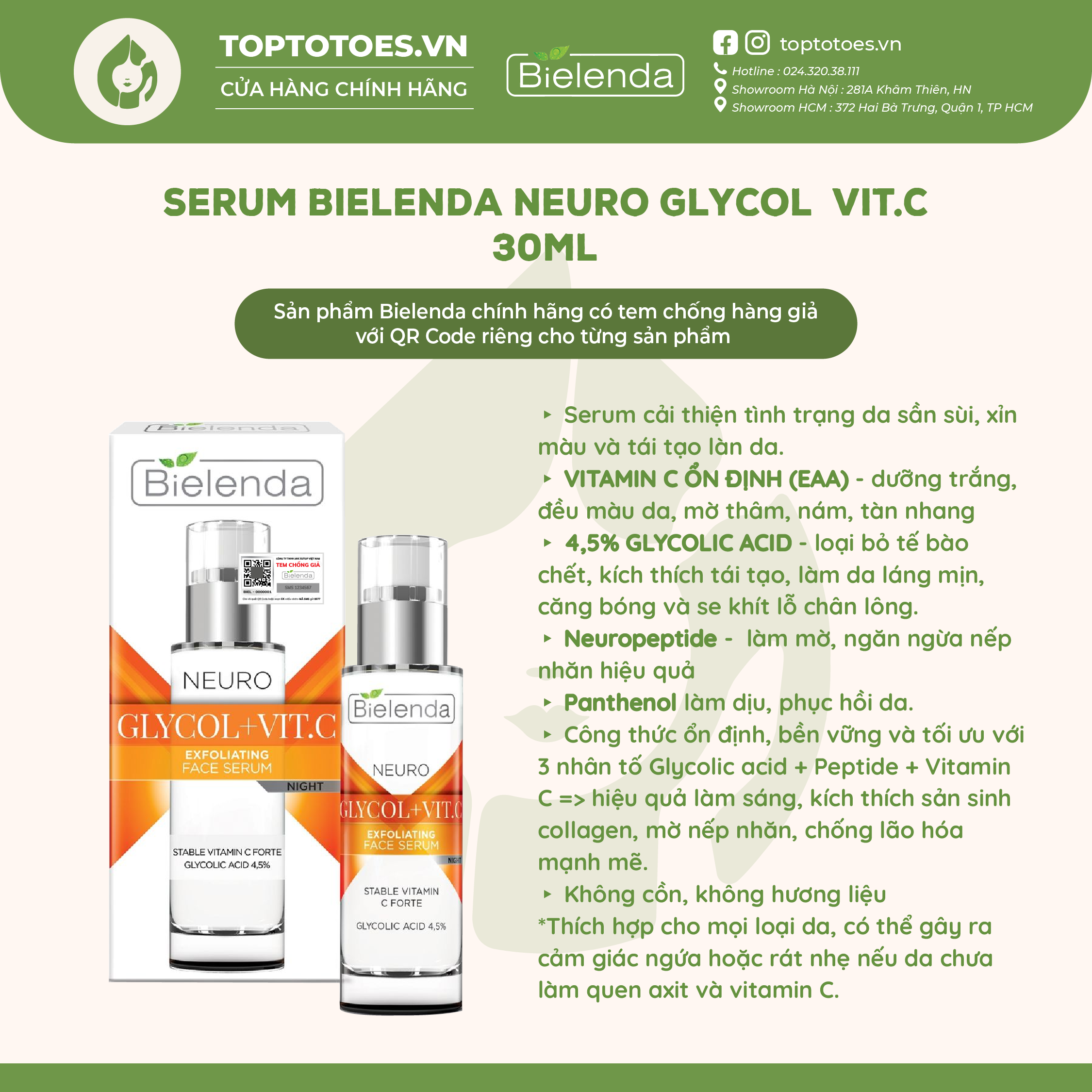 Serum Bielenda Neuro Glycol + Vit C Night làm trắng da, chống lão hóa ban đêm