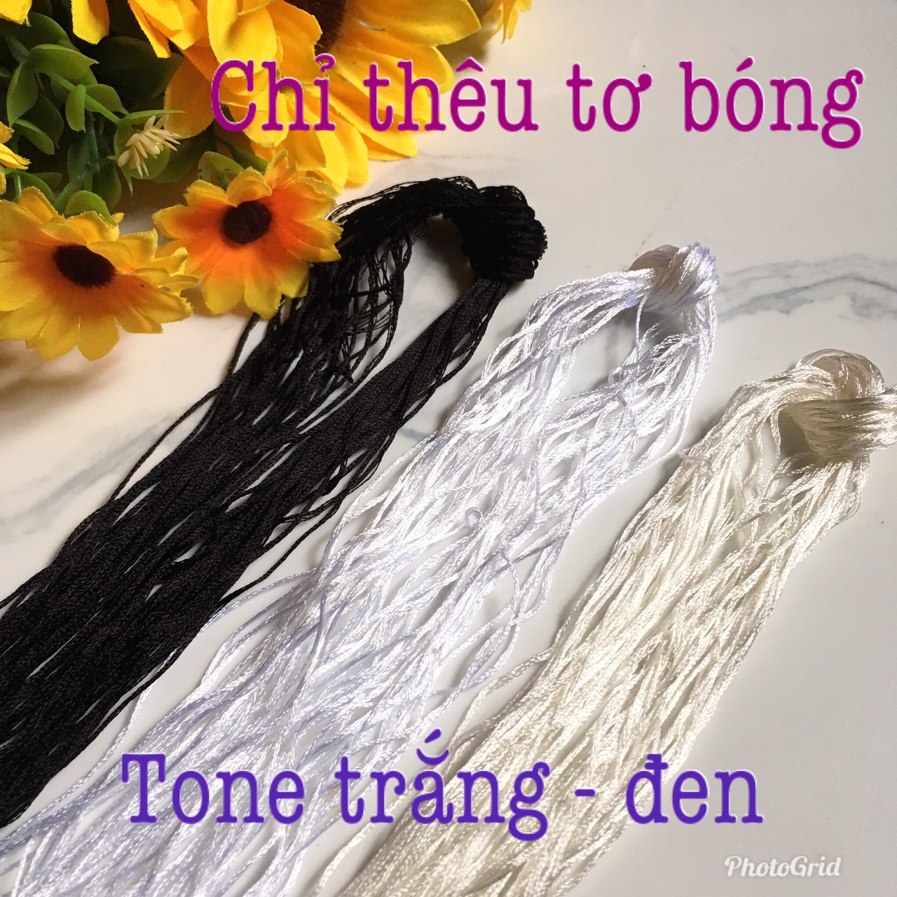 🌺 R Chỉ thêu TƠ BÓNG tone TRẮNG/ ĐEN 🌿🌺