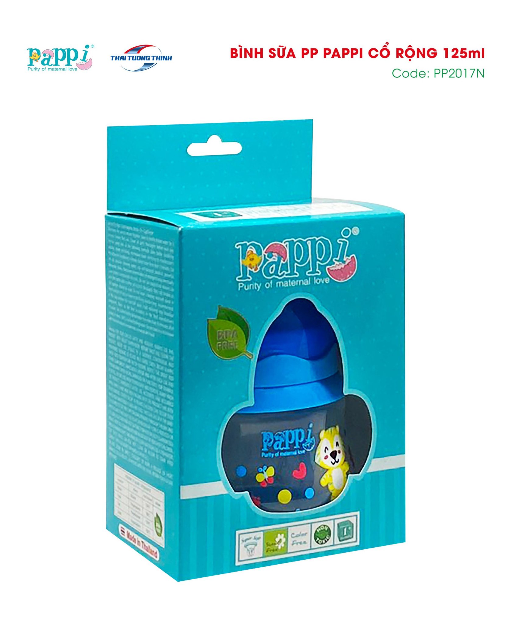 Bình Sữa cổ rộng tay cầm Pappi 150ml Thailand