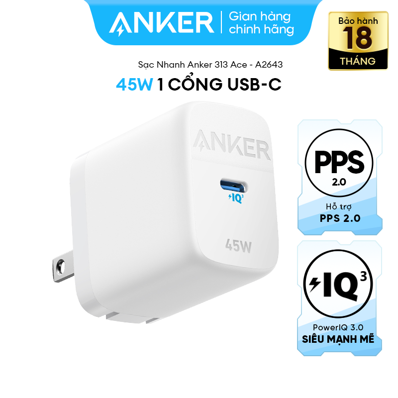 Sạc Nhanh Anker 313 Ace - 45W - 1 cổng USB-C - A2643