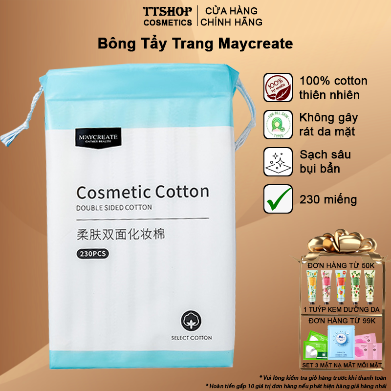 Bông tẩy trang Maycreate túi to 230 miếng 100% thấm hút nhanh tẩy sạch bụi bẩn không làm tổn thương da TT09